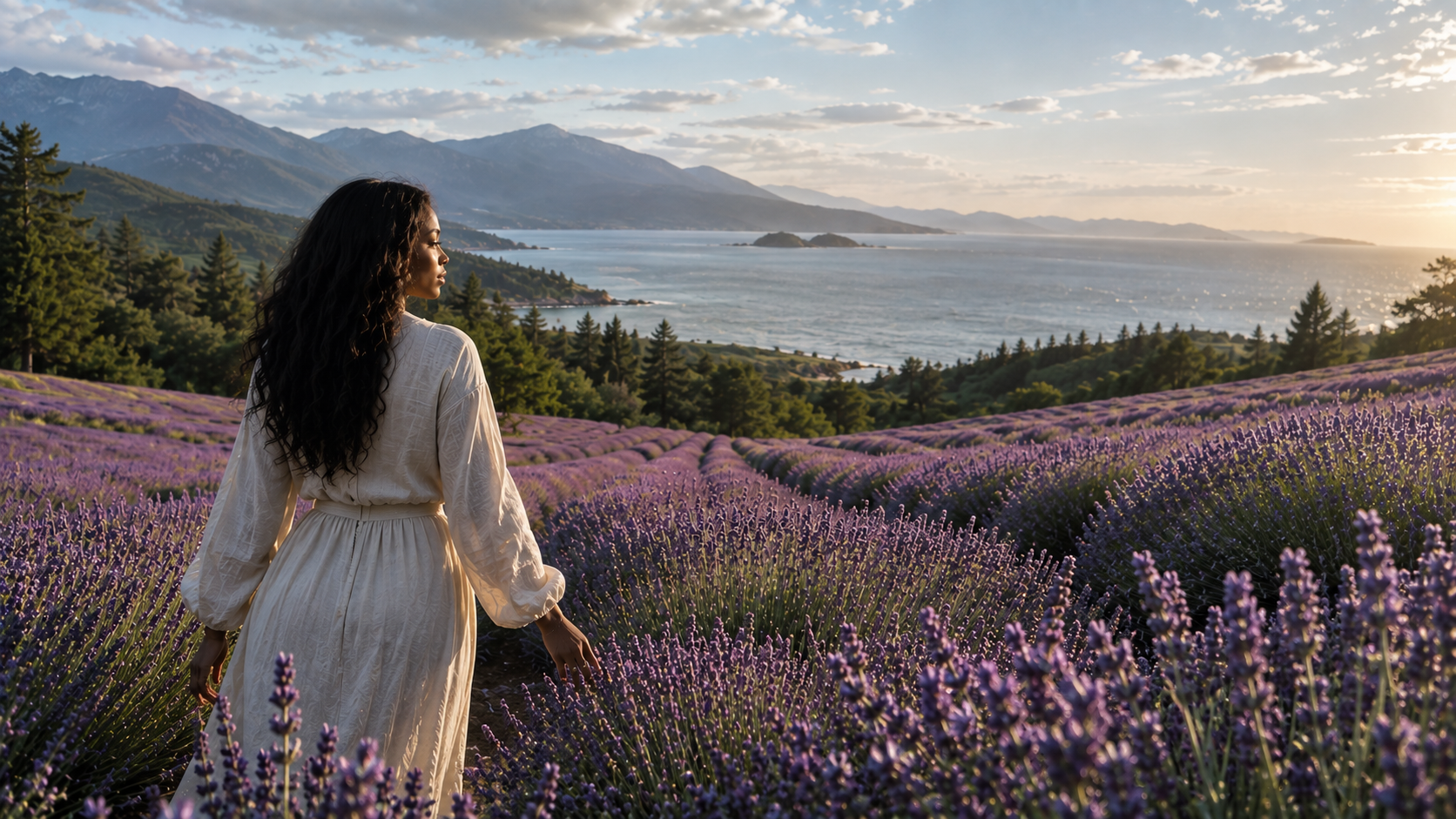 A woman standing in a coastal lavender field at golden hour